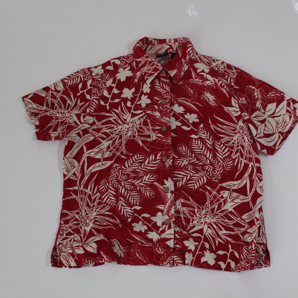 ERIKA Vtg Hawaiian Red/White Floral Linen Shirt Sz Petite Medium